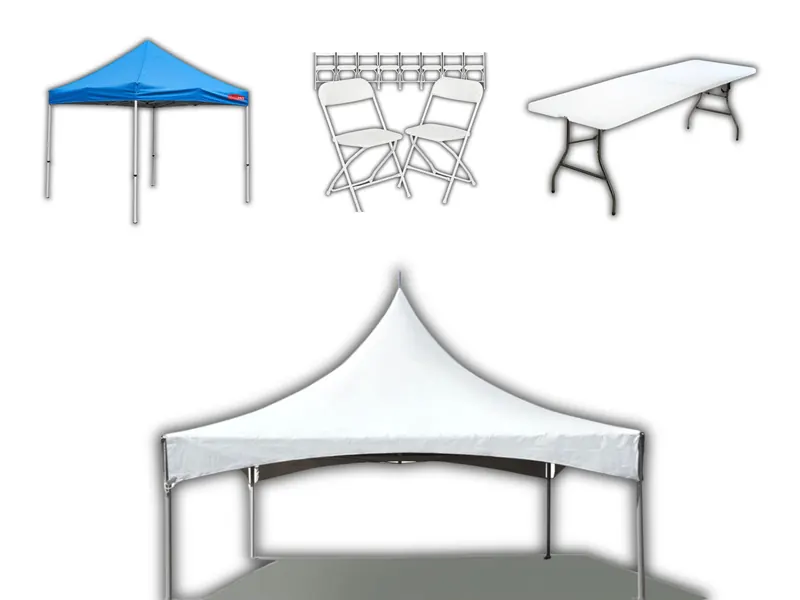 White event tent with tables and chairs set up for an outdoor party in Lakeland, FL