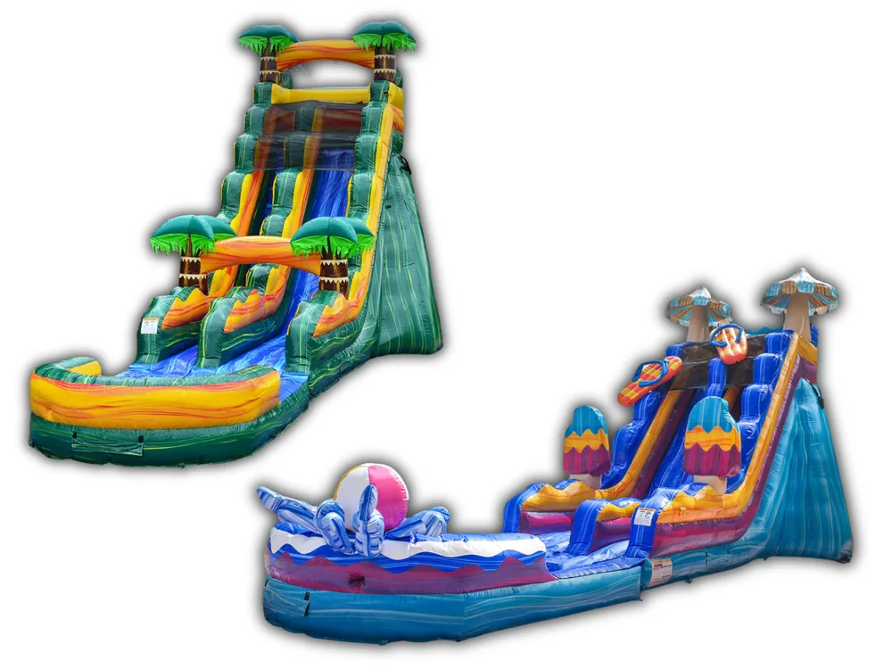 Tropical palm tree and popsicle themed inflatable water slide rentals with splash pools in Lakeland, FL